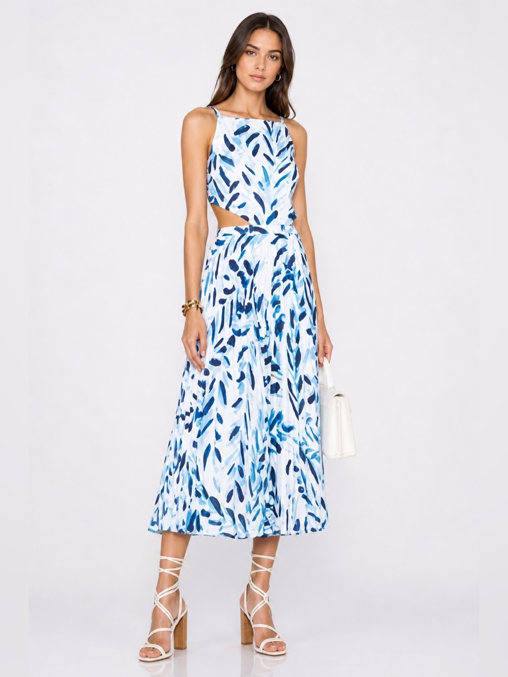 ELLE SASSON Blue Brush  Print Cutout Midi Dress